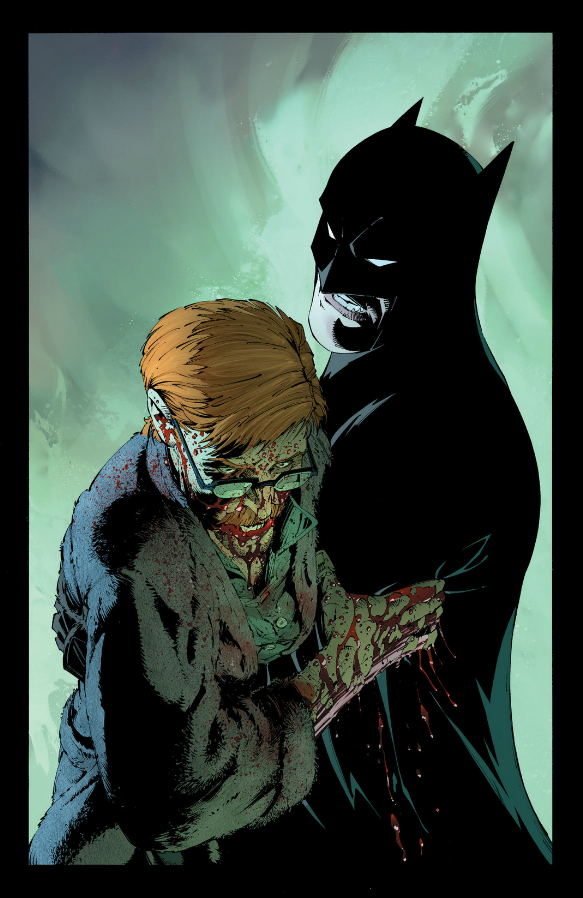 Gordon bleeds in Batman's arms