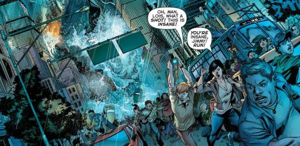 Jimmy Olsen and Lois Lane outrun a tidal wave