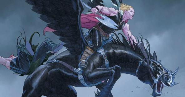 Thor riding a terrifying black winged horse