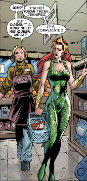 The other girl is over-compensating for Mera's lack of sweater. mera at the store