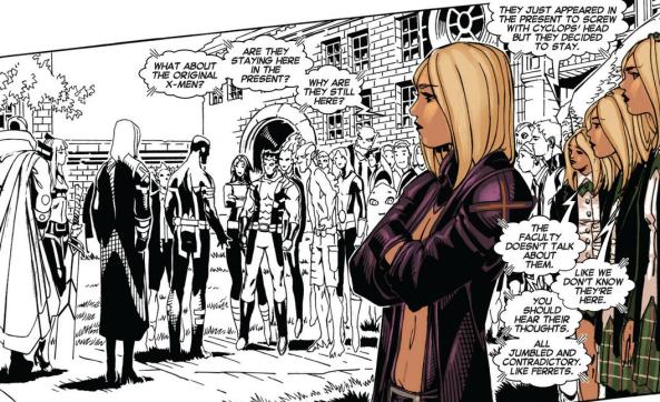 Emma and the Stepfords watch the X-Men talk