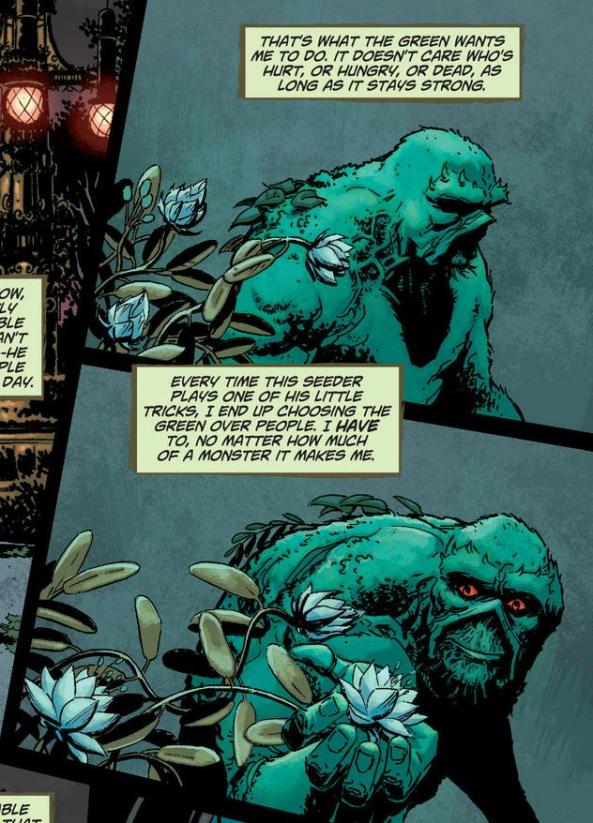 Swamp Thing sees a pretty flower