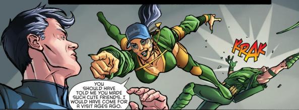 Cheshire fights Red Hood and Green Arrow