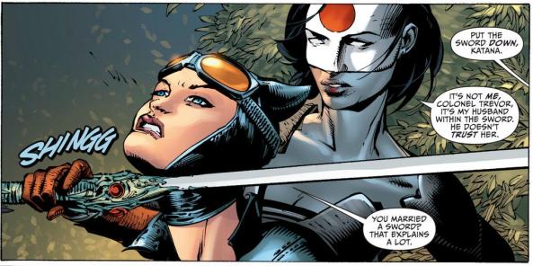 Katana holds her sword to Catwoman's neck