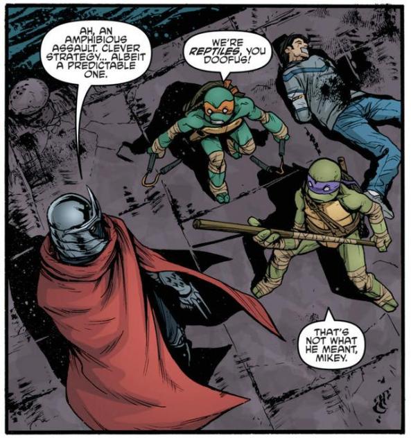Mikey's so earnest. Michaelangelo and Donatello tell Shredder that they're not amphians