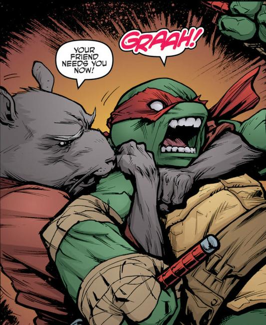 Someone needs a time out. Splinter holds Raph back