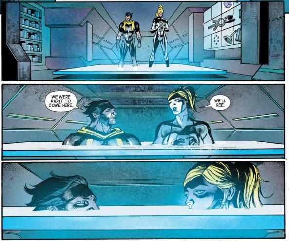 Wolverine and Sue Storm on the time platform