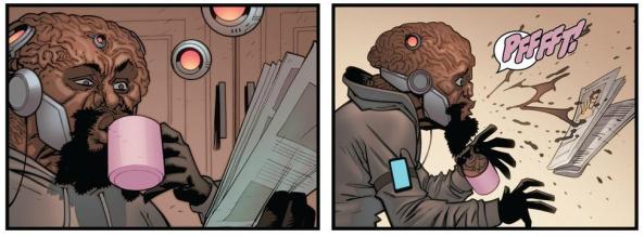 Angrstom Levy doing a spit take with a cup of hot coffee