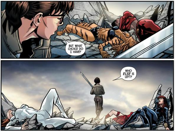 Annabelle Riggs walks by defeated Misty Knight, Elecktra Black Widow others