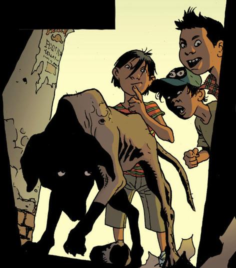 Alt. text jokes are always sorta hard, but it might be impossible to make one here. three little boys and the stray dog