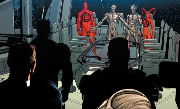 Reed Richards, Black Panther and Iron Man in silhouette