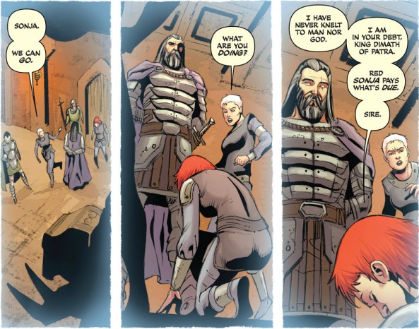 Red Sonja kneels before Dimath