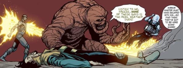 Heatwave vs. Mr. Freeze while Clayface tries to clone Weather Wizard