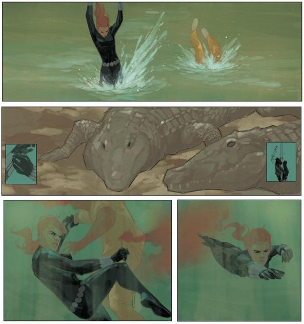 Black Widow stabs a dude, leaves him for the crocs