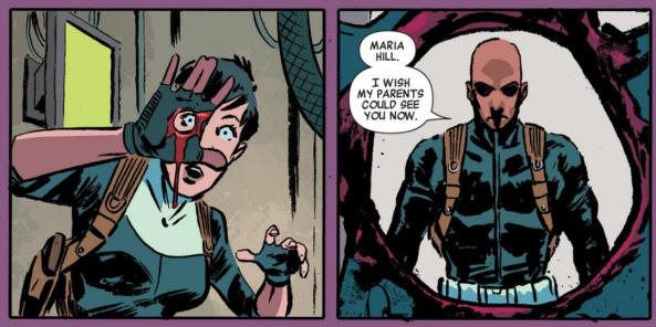 Maria Hill gets a hole blown in her hand