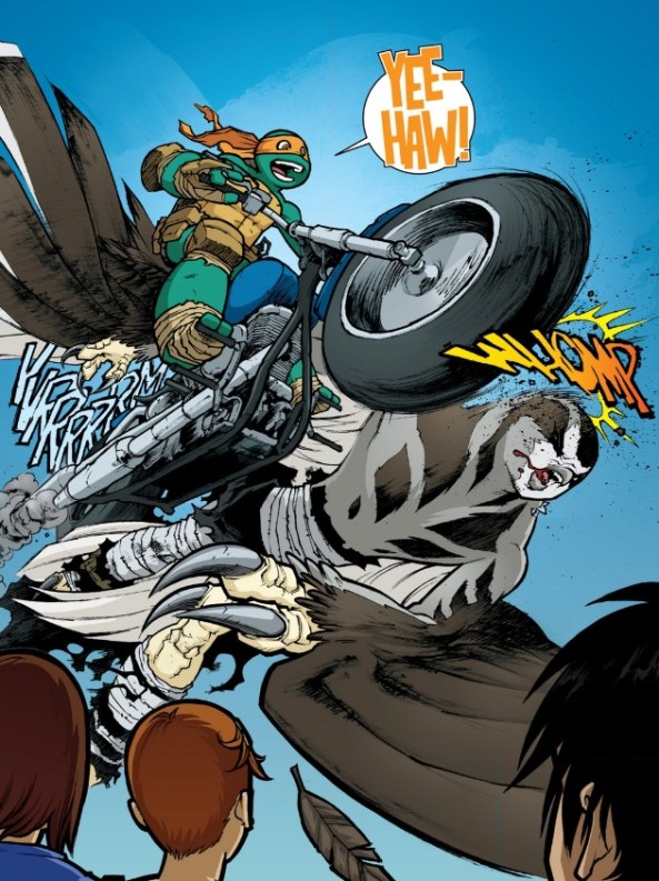 Michelangeo hits Koya with a motorcycle