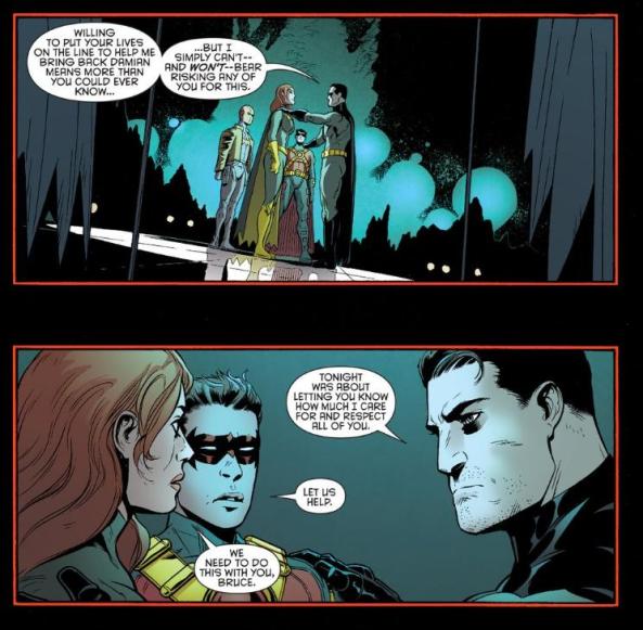 Batman doesn't hug Red Hood Red Robin and Batgirl