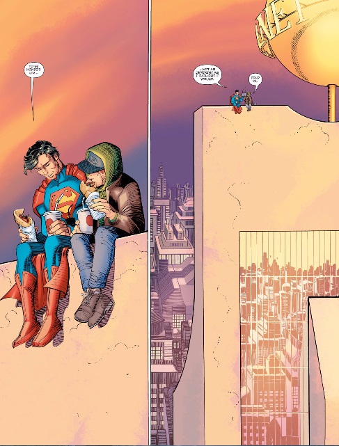 Superman and Jimmy Olsen atop the Daily Planet