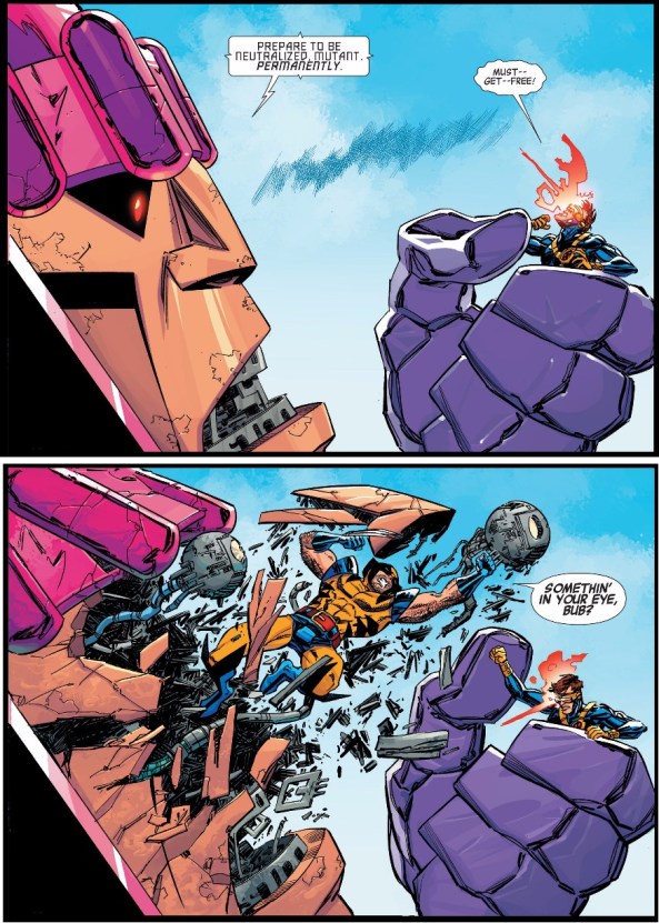Wolverine breaks through a sentinel's face