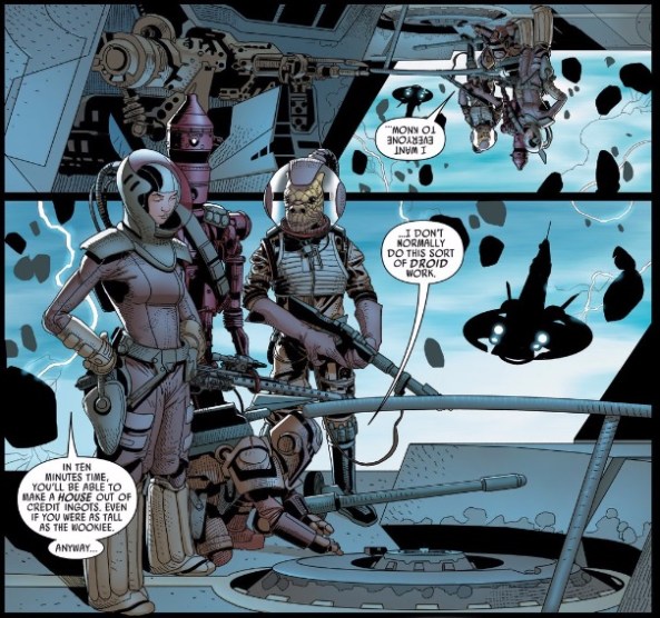 Bossk and IG-90, Beebox and Dr. Aphra board the ship